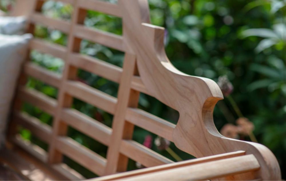 Wooden garden bench close up