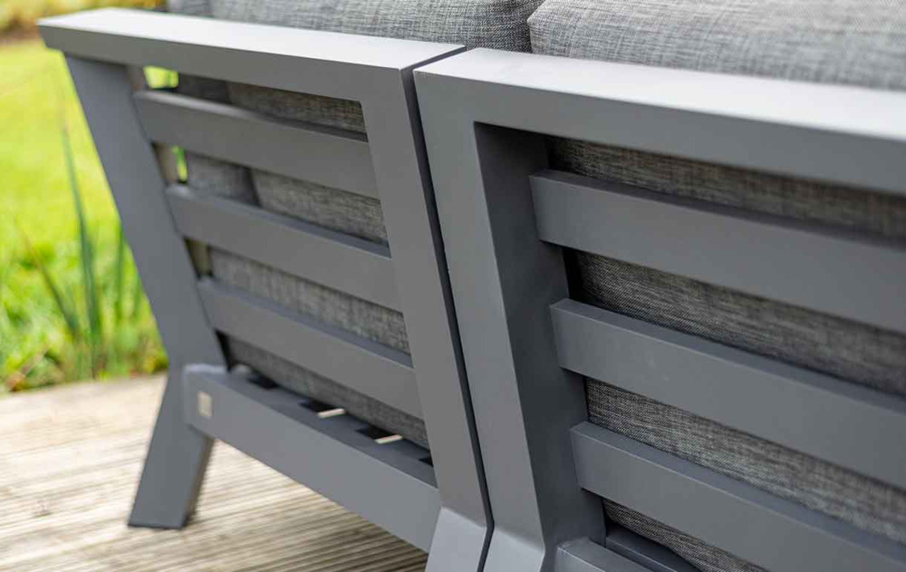 Close up of an aluminium garden corner sofa