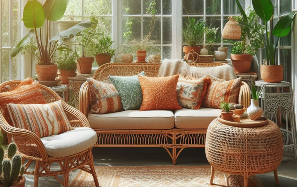 Wicker conservatory suite with plants