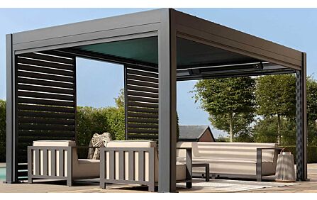 Maze Eden 3m x 4m Aluminium Metal Outdoor Garden Pergola Plus 3 Drop Sides & 4m Louvre Wall Maze Eden 3m x 4m Aluminium Metal Outdoor Garden Pergola Plus 3 Drop Sides & 4m Louvre Wall