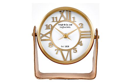 Pacific Lifestye Tan Leather And Antique Brass Table Desk Clock