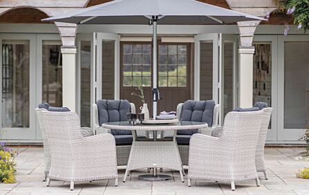 Bramblecrest Chedworth 6 Seat Round Dining Set with Lazy Susan, Parasol & Base - Dove Grey Bramblecrest Chedworth 6 Seat Round Dining Set with Lazy Susan, Parasol & Base - Dove Grey