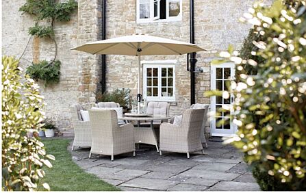 Bramblecrest Chedworth 6 Seat Round Dining Set with Lazy Susan, Parasol and Base - Sandstone Bramblecrest Chedworth 6 Seat Round Dining Set with Lazy Susan, Parasol and Base - Sandstone