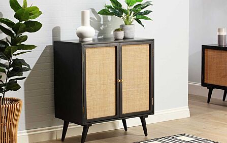 Desser Manhattan Tall 2 Door Sideboard Rattan & Wood Wine Cabinet in Black Desser Manhattan Tall 2 Door Sideboard Rattan & Wood Wine Cabinet in Black