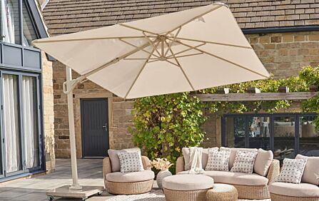 Pacific Lifestyle Nexus T2 3m Square Cantilever Parasol With Venezia 90kg Ceramic Wheeled Base - Sandstone/Champagne