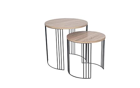 Pacific Lifestyle S/2 Atri Round Side Tables - Dark Wood and Black Metal