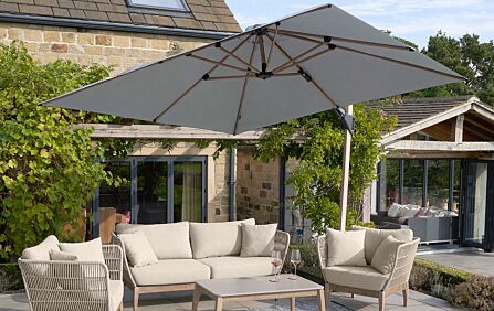 Pacific Lifestyle Challenger Teak T2 3m Square Premium Manhattan Grey Cantilever Parasol With 90kg Wheeled Base