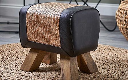 Pacific Lifestyle Pommello Black Leather, Woven Rattan and Wood Stool
