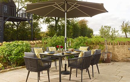 Small garden table and on sale chairs with parasol