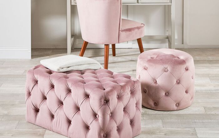 Pacific Lifestyle Seraphina Blush Pink Velvet Buttoned Rectangular Ottoman