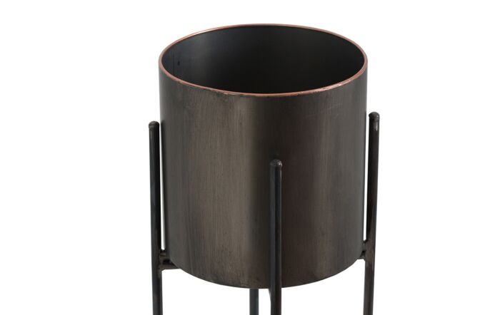 Hill Interiors Large Gun Metal Grey Cylindrical Planter On Black Frame