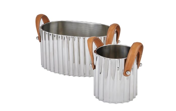 Hill Interiors Large Silver Fluted Leather Handled Champagne Cooler