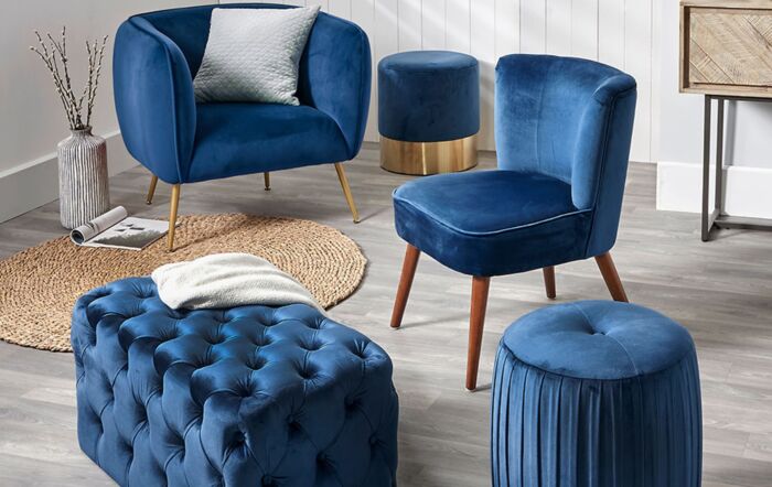 Pacific Lifestyle Juliana Sapphire Blue Velvet Pouffe with Gold Base