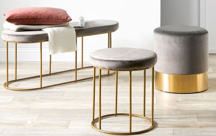 Pacific Lifestyle Nino Dove Grey Velvet Bench with Gold Metal Frame