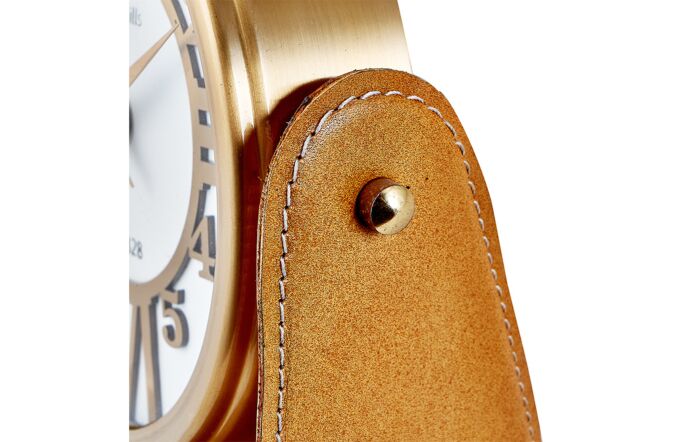 Pacific Lifestye Tan Leather And Antique Brass Table Desk Clock