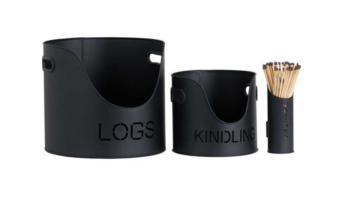 Hill Interiors Black Finish Logs & Kindling Buckets With Matchstick Holder