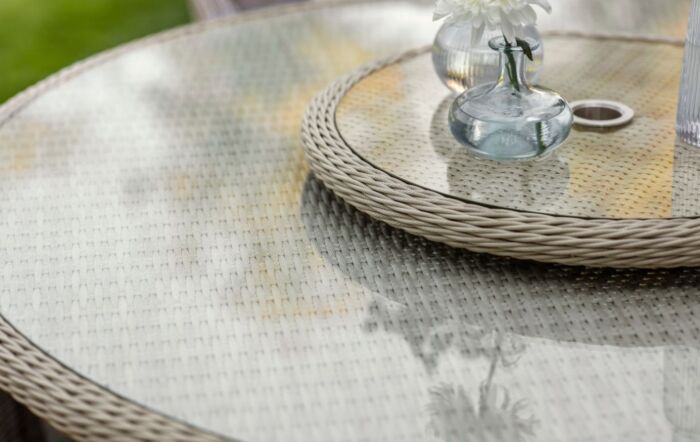 Bramblecrest Chedworth 6 Seat Round Dining Set with Lazy Susan, Parasol and Base - Sandstone