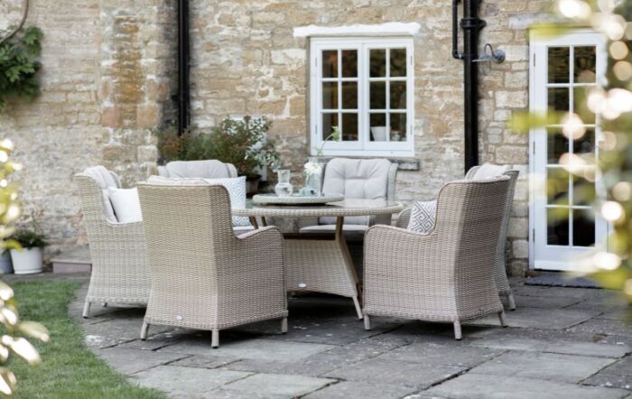 Bramblecrest Chedworth 6 Seat Round Dining Set with Lazy Susan, Parasol and Base - Sandstone Bramblecrest Chedworth 6 Seat Round Dining Set with Lazy Susan, Parasol and Base - Sandstone