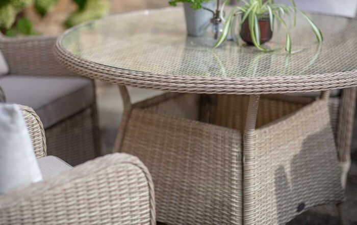 Bramblecrest Chedworth 4 Seat Round Rattan Garden Dining Set with Parasol & Base - Sandstone Bramblecrest Chedworth 4 Seat Round Rattan Garden Dining Set with Parasol & Base - Sandstone