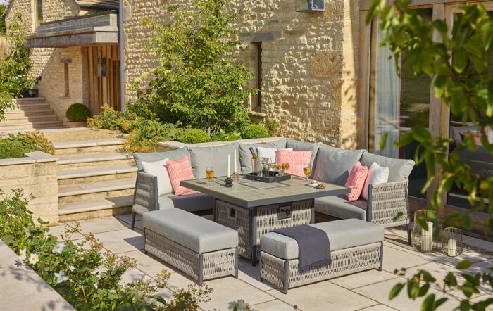 Bramblecrest Mauritius Grey Garden Corner Sofa Set with Firepit Table