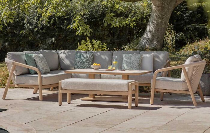 Bramblecrest Monaco L-Shape Garden Sofa with Rectangle Adjustable Table, Bench & Chair - Latte