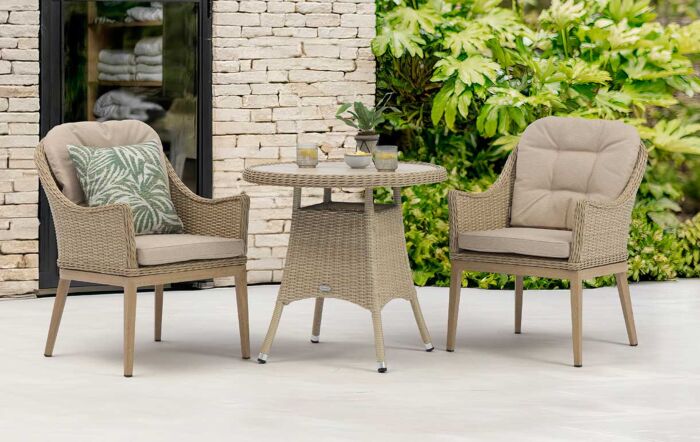 Bramblecrest Monterey 80cm Round Ceramic Top Table & 2 Deluxe Vogue Armchairs Bistro Set - Sandstone main product photo