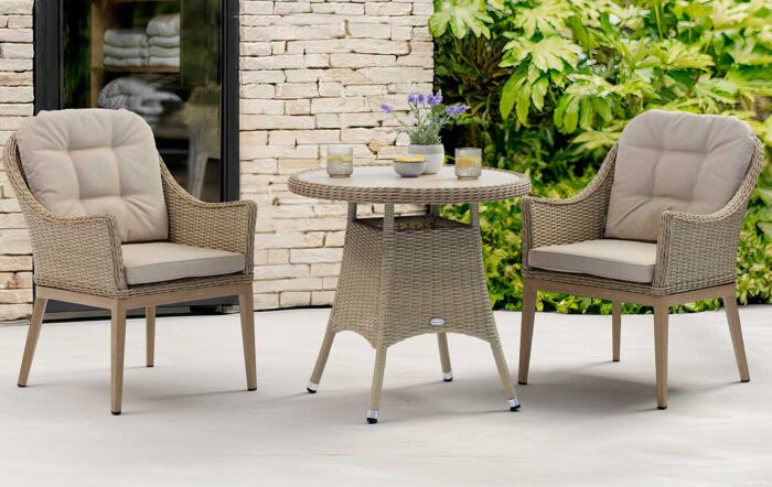 Bramblecrest Monterey 80cm Round Ceramic Top Table & 2 Deluxe Vogue Armchairs Bistro Set - Sandstone Bramblecrest Monterey 80cm Round Ceramic Top Table & 2 Deluxe Vogue Armchairs Bistro Set - Sandstone