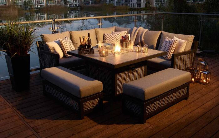 Bramblecrest Portofino Rattan Corner Firepit Set with Square Ceramic Table - Grey