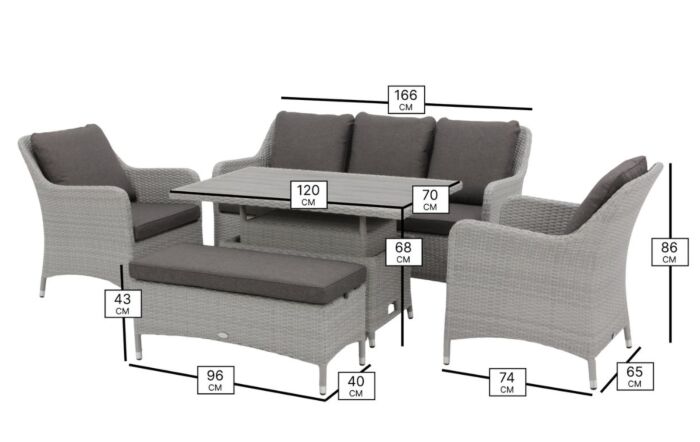 Bramblecrest Tetbury 3 Seat Rattan Sofa Set with Adjustable Table & Tree-Free Top - Graphite