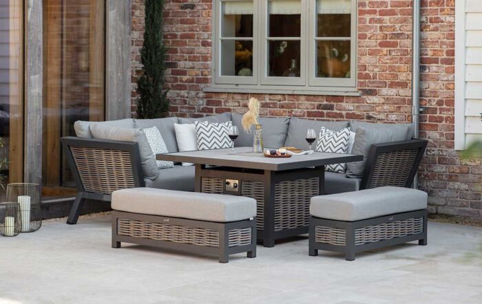 Bramblecrest Tuscan Corner Sofa Garden Set with Firepit Table - Grey