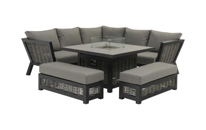 Bramblecrest Tuscan Corner Sofa Garden Set with Firepit Table - Grey