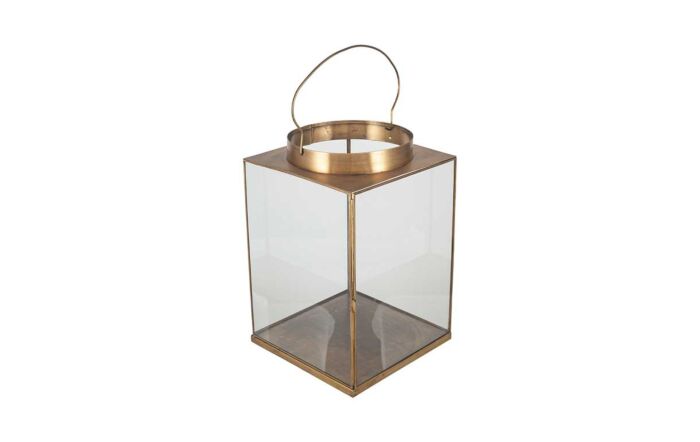 Pacific Lifestyle Antique Brass Metal and Glass Large Square Lantern