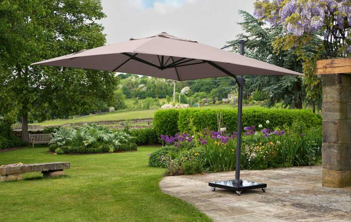 Pacific Lifestyle Challenger T2 3m Square Taupe Free Arm Parasol & 90kg Wheeled Base