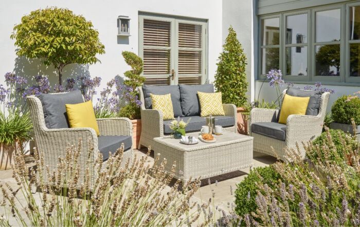 Bramblecrest Chedworth Rattan 2 Seat Sofa with 2 Armchairs and Rectangle Coffee Table - Dove Grey