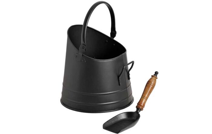 Hill Interiors Black Coal Bucket With Teak Handle Shovel