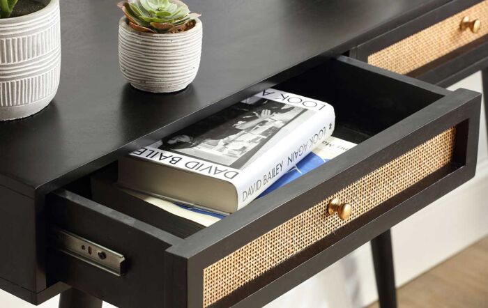 Desser Manhattan 2 Drawer Cane & Wood Console Table in Black