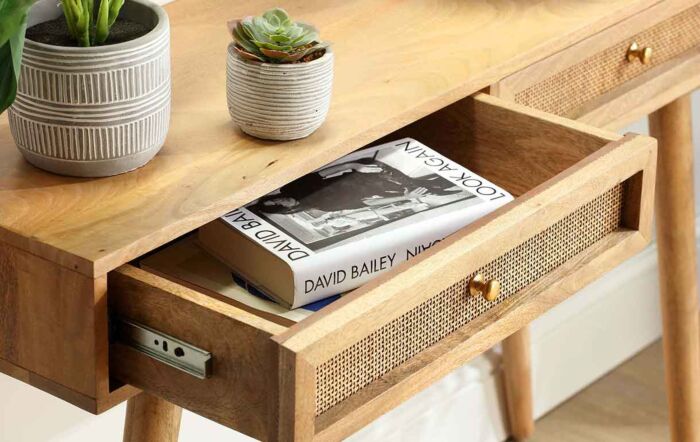 Desser Manhattan 2 Drawer Cane & Wood Console Table In Natural Desser Manhattan 2 Drawer Cane & Wood Console Table In Natural