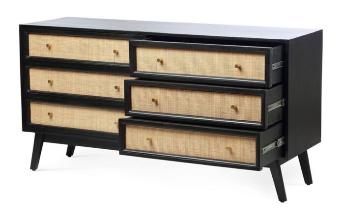 Desser Venice Wide 6 Drawer Chest Unit Rattan & Mango Wood in Black