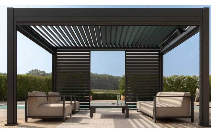 Maze Eden 3m x 4m Aluminium Metal Outdoor Garden Pergola Plus 3 Drop Sides & 4m Louvre Wall Maze Eden 3m x 4m Aluminium Metal Outdoor Garden Pergola Plus 3 Drop Sides & 4m Louvre Wall
