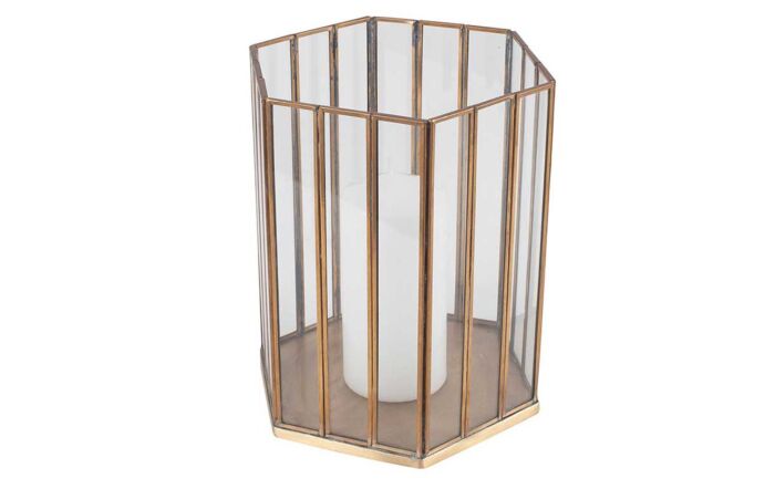Pacific Lifestyle Shiny Brass Metal & Glass Hexagonal Small Lantern
