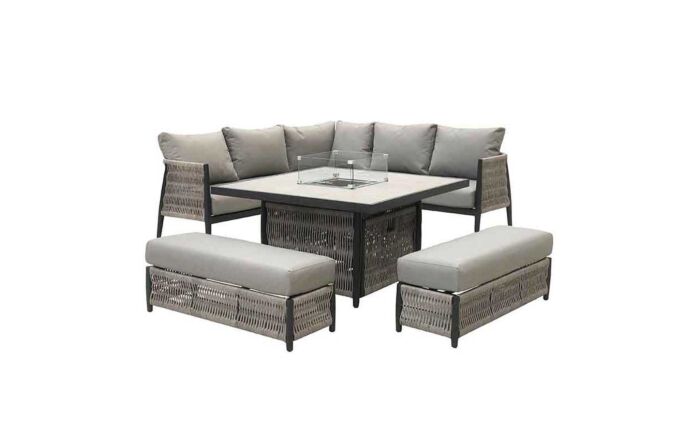 Bramblecrest Mauritius Grey Garden Corner Sofa Set with Firepit Table