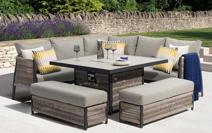 Bramblecrest Mauritius Grey Garden Corner Sofa Set with Firepit Table