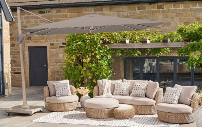 Pacific Lifestyle Nexus T2 3m Square Cantilever Parasol With Venezia 90kg Ceramic Wheeled Base - Mocha/Havana Taupe