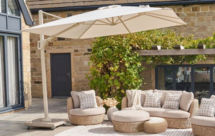 Pacific Lifestyle Nexus T2 3m Square Cantilever Parasol With Venezia 90kg Ceramic Wheeled Base - Sandstone/Champagne
