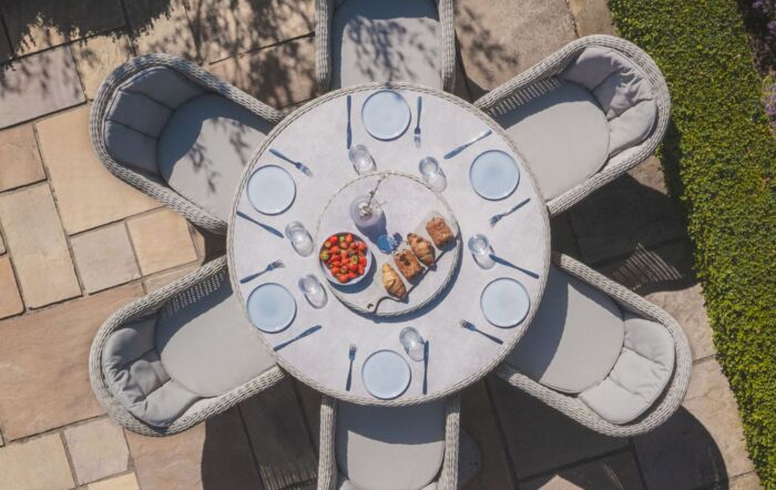 Maze Oxford 6 Seat Round Dining Set With Lazy Susan Glass Ceramic Table Top & Heritage Chairs