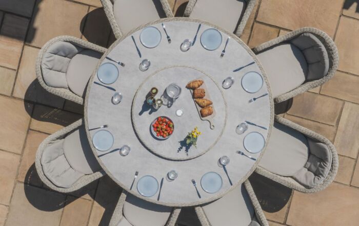 Maze Oxford 8 Seat Round Dining Set With Woven Lazy Suasn, Ceramic Glass Table Top & Heritage Chairs