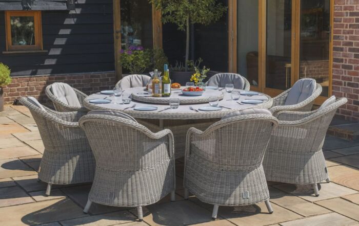 Maze Oxford 8 Seat Round Dining Set With Woven Lazy Suasn, Ceramic Glass Table Top & Heritage Chairs