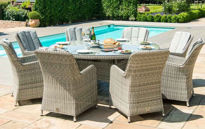 Maze Oxford 8 Seat Fire Pit Dining Set with Venice Chairs and Lazy Susan