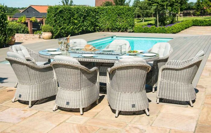 Maze Oxford 8 Seat Oval Fire Pit Dining Set with Heritage Chairs Maze Oxford 8 Seat Oval Fire Pit Dining Set with Heritage Chairs
