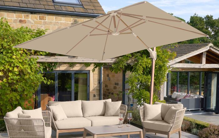 Pacific Lifestyle Challenger Teak T2 3m Square Champagne Free Arm Parasol With 90kg Wheeled Base